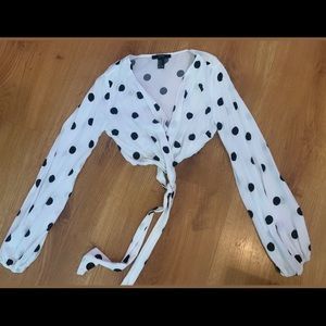 White & black polka dot, balloon sleeve crop top